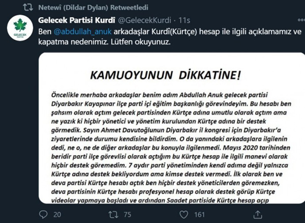 Gelecek Partisi’nin Kürtçe Twitter hesabı kapatılacak!