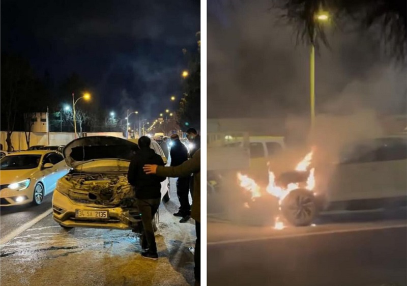 Diyarbakır’da seyir halindeki araç yandı