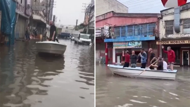 Sel nedeniyle vatandaşlar işe kayıkla gitti