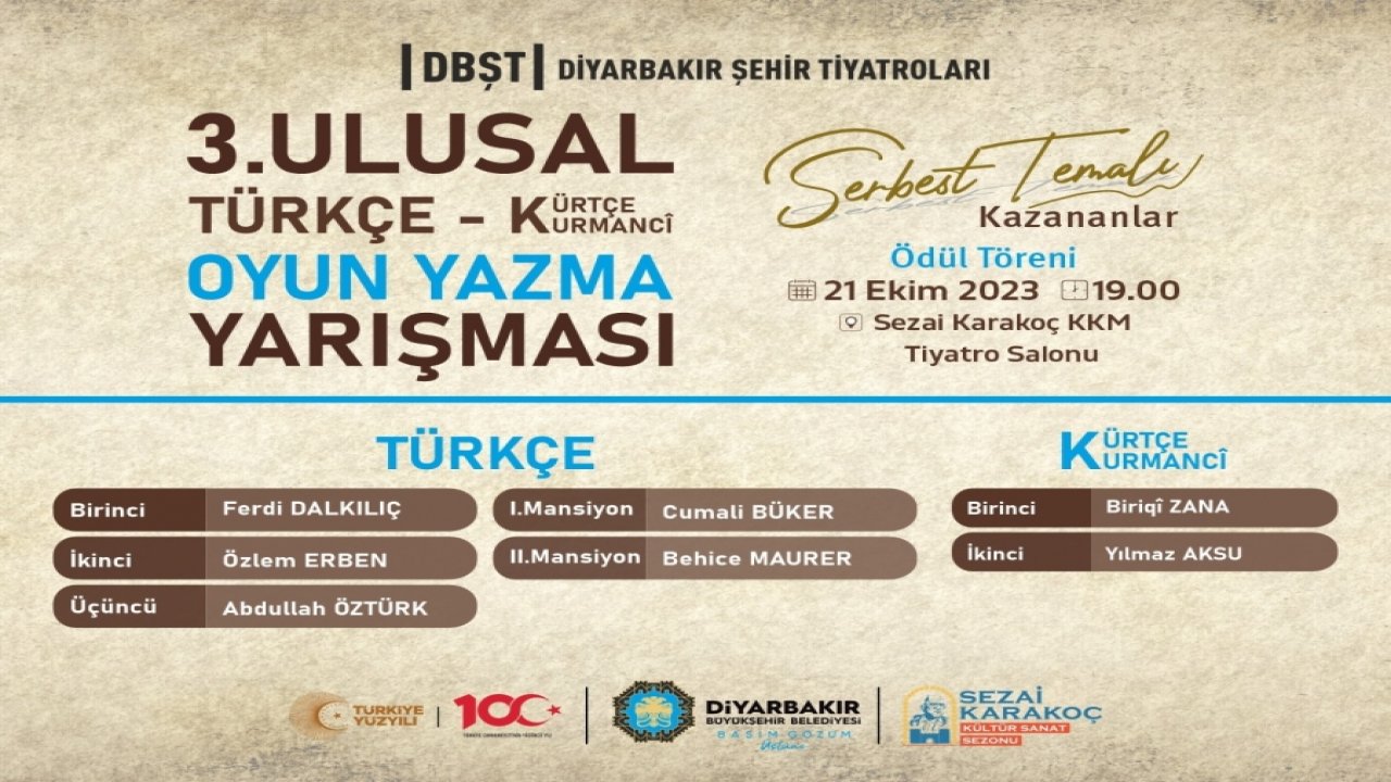 “3. Ulusal Türkçe-Kürtçe Oyun Yazma Yarışması” sonuçlandı