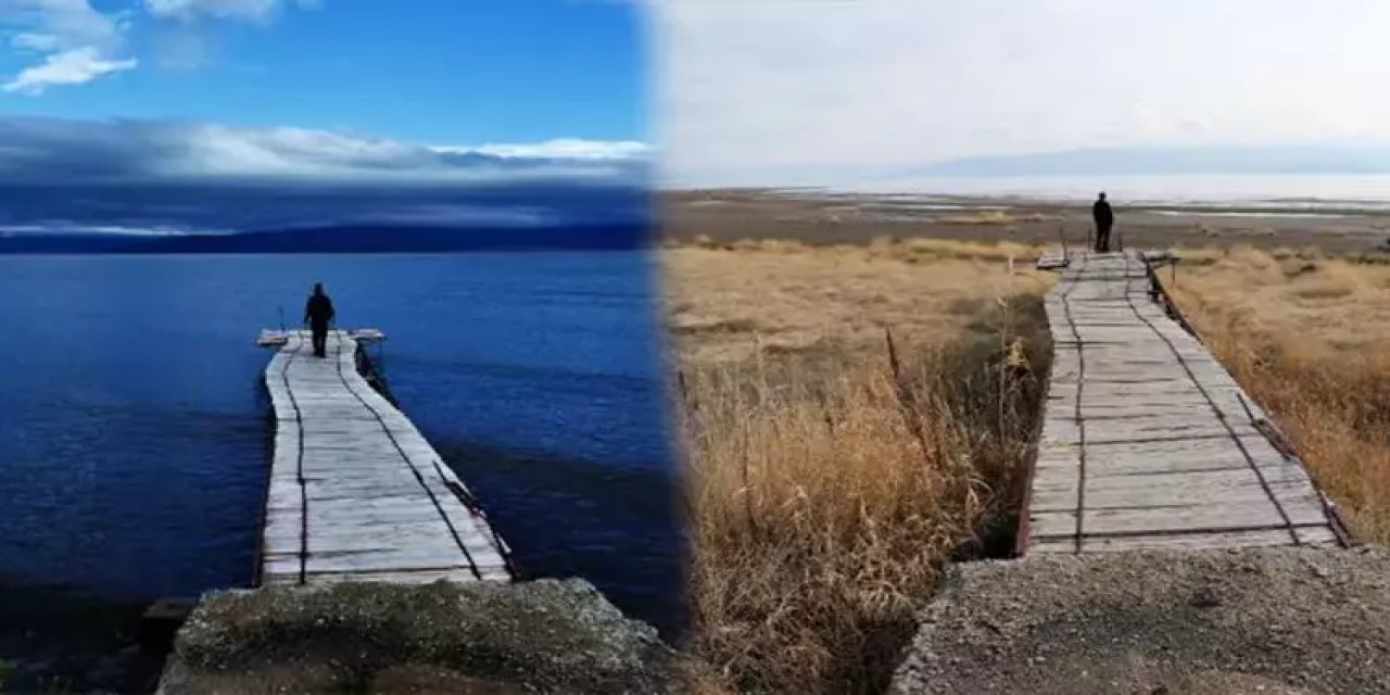 İki fotoğraf karesi, Van Gölü'ndeki çekilmeyi gözler önüne serdi