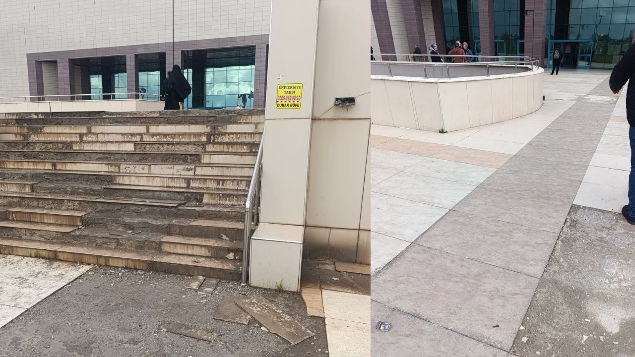Dicle Üniversitesi Hastanesi kapısında ‘tahribat’ tepkisi:  Merdivenler onarılmayı bekliyor