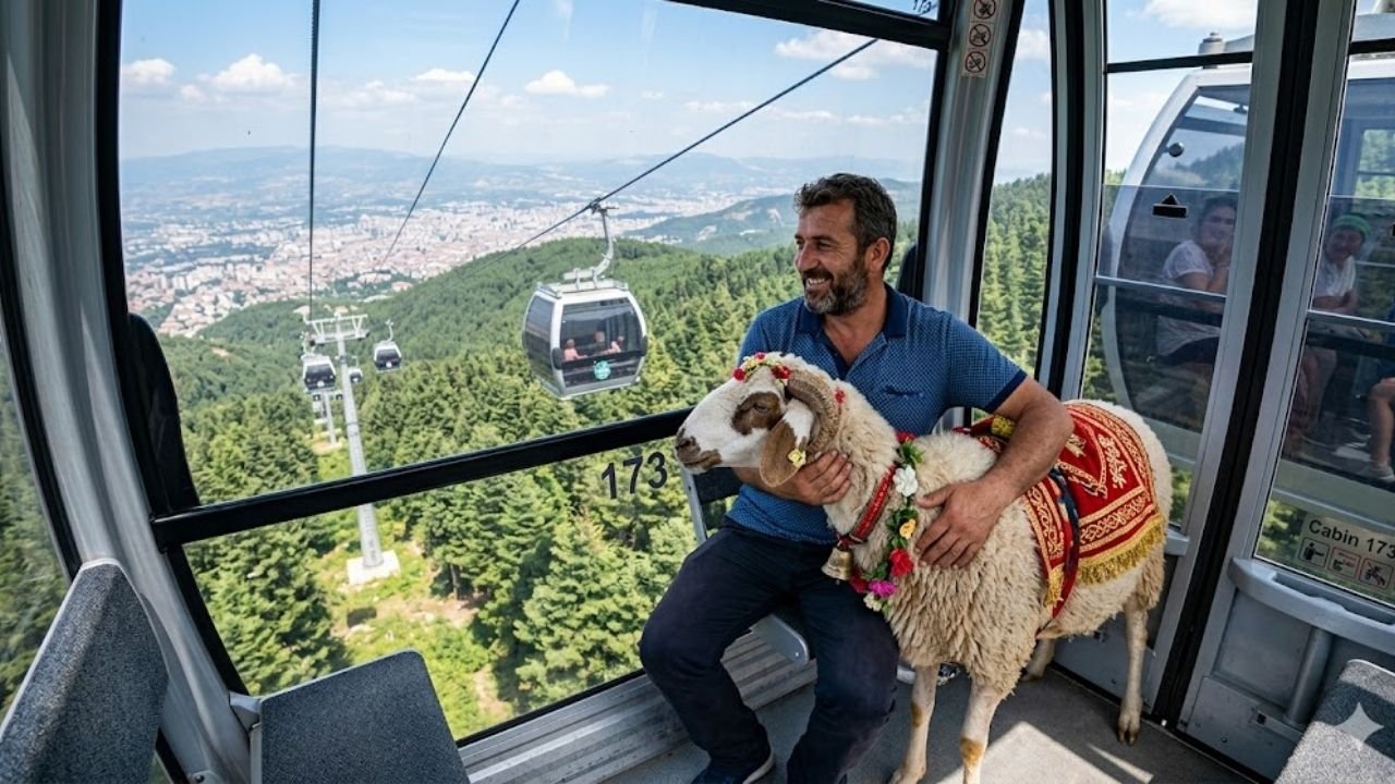 Sıra dışı yolculuk: Kurbanlık koçunu teleferikle gezdirdi