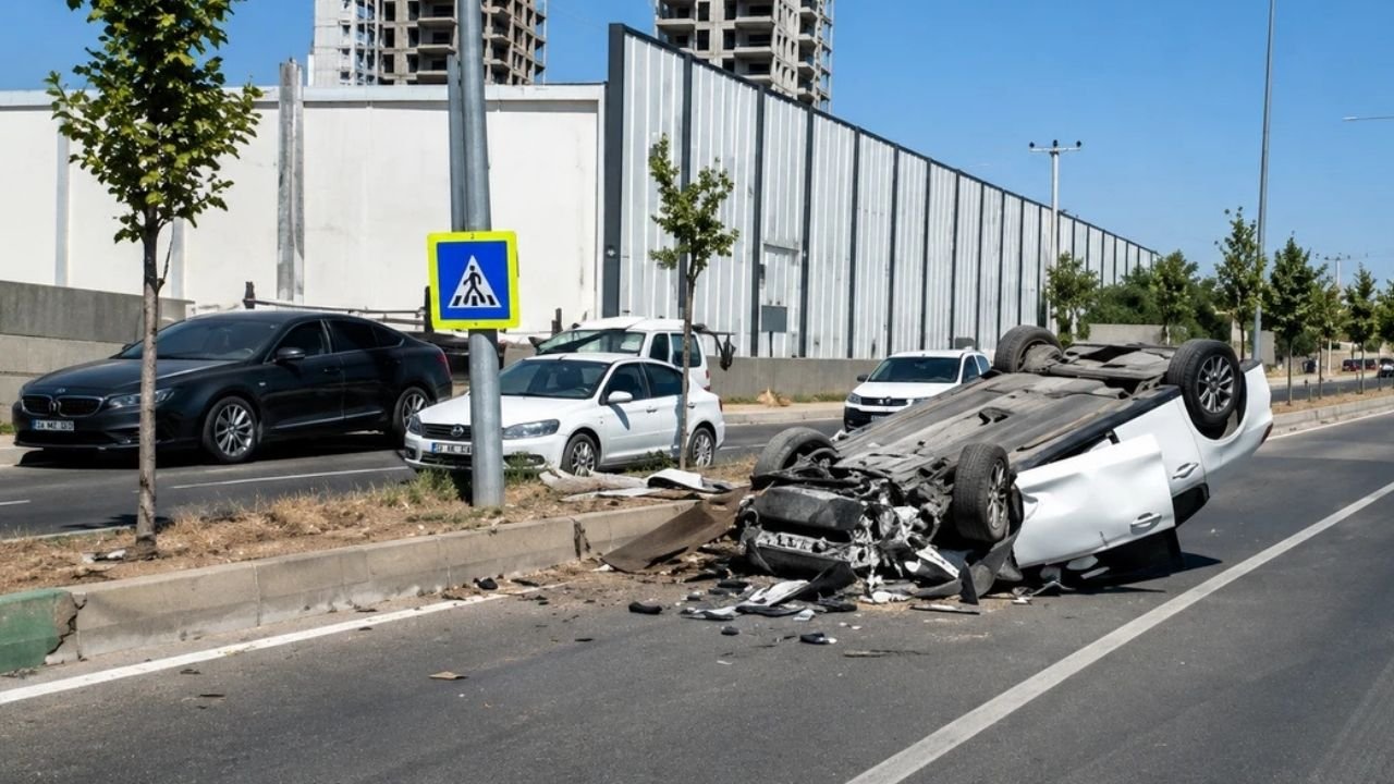 Diyarbakır’da korkutan kaza: Refüje çıkıp, ağaca çarpan araç takla attı!